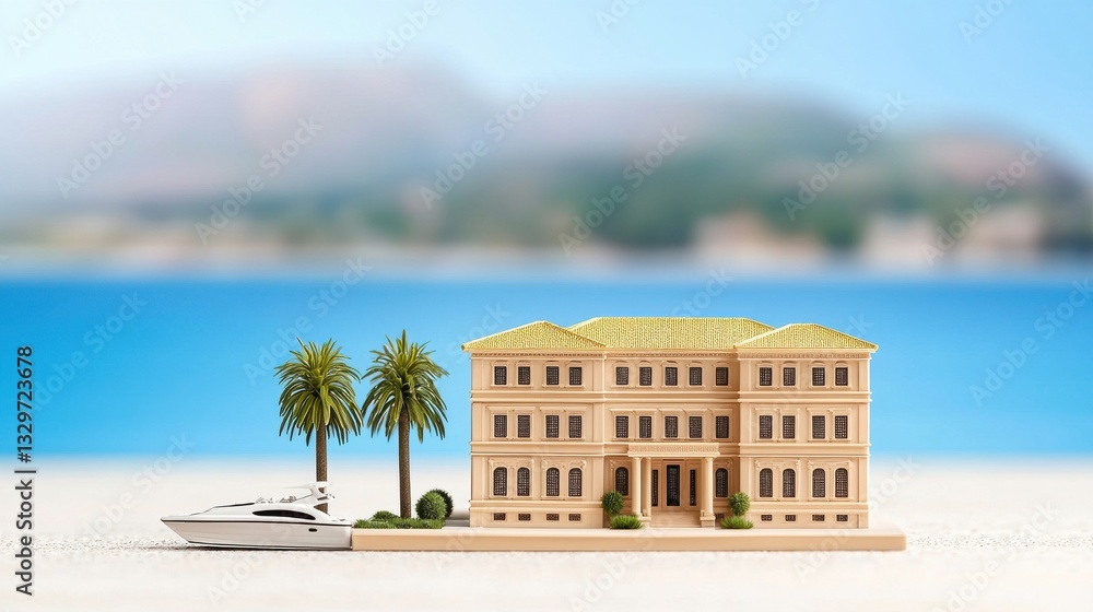 Obraz premium Luxury Beach House Miniature Model with Yacht