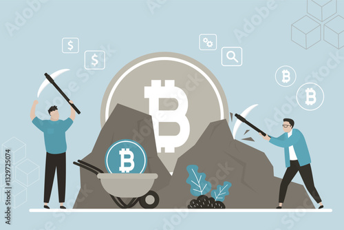 Mining money, collect money. Team of businessmen uses pickaxe to get bitcoins in stone. Miners extracting cryptocoin out of rock. Concept of bitcoin or cryptocurrency mining