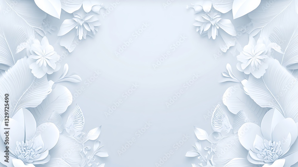Beautiful white flowers and leaves adorn a pale blue background scene Beautiful white flowers and leaves adorn a pale blue background scene