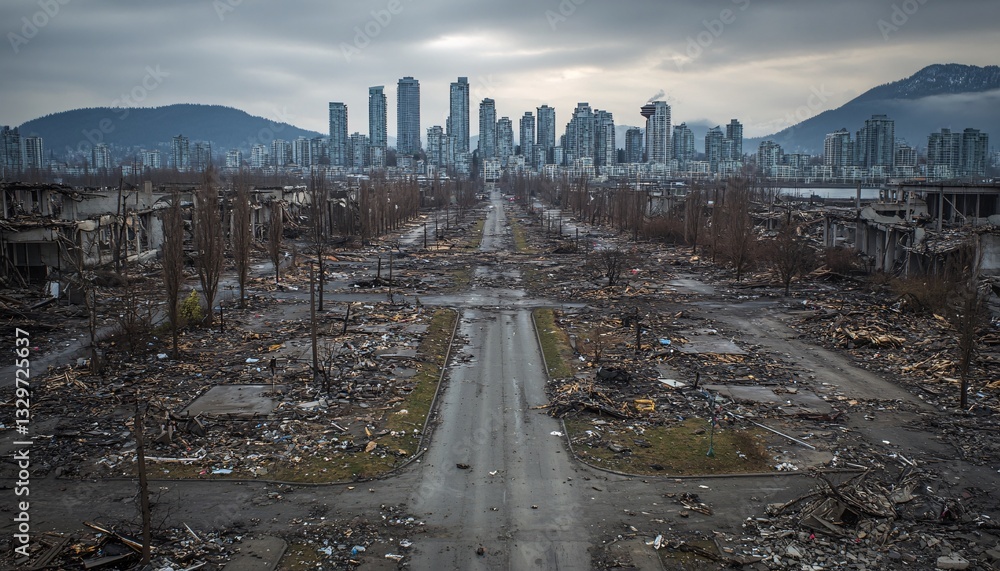 Obraz premium Devastated Vancouver skyline amidst ruins showcasing a hauntingly empty street, reflecting the aftermath of destruction and urban decay.