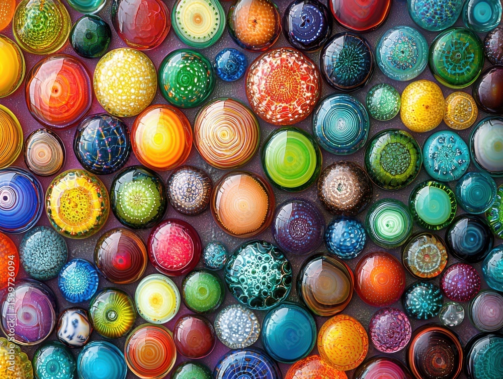 Colorful glass balls reflecting light and creating beautiful patterns on a smooth surface