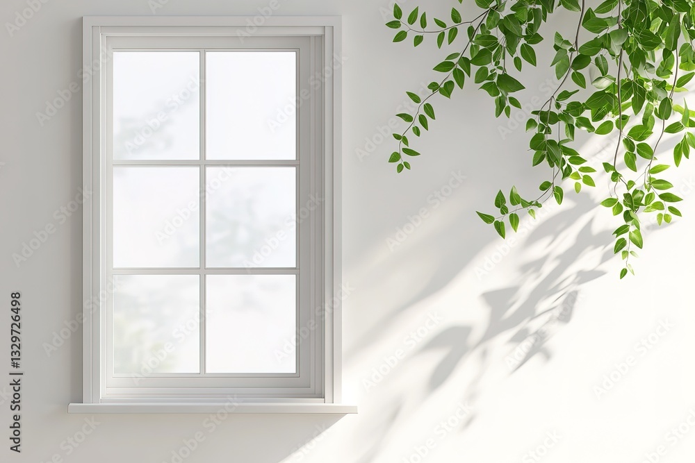 Obraz premium Minimalist White Window with Greenery and Sunlight Shadow Overlay