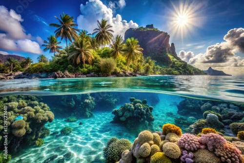Pacific Ocean Underwater Seascape, French Polynesia Reef, Sunbeams, Rule of Thirds Photography