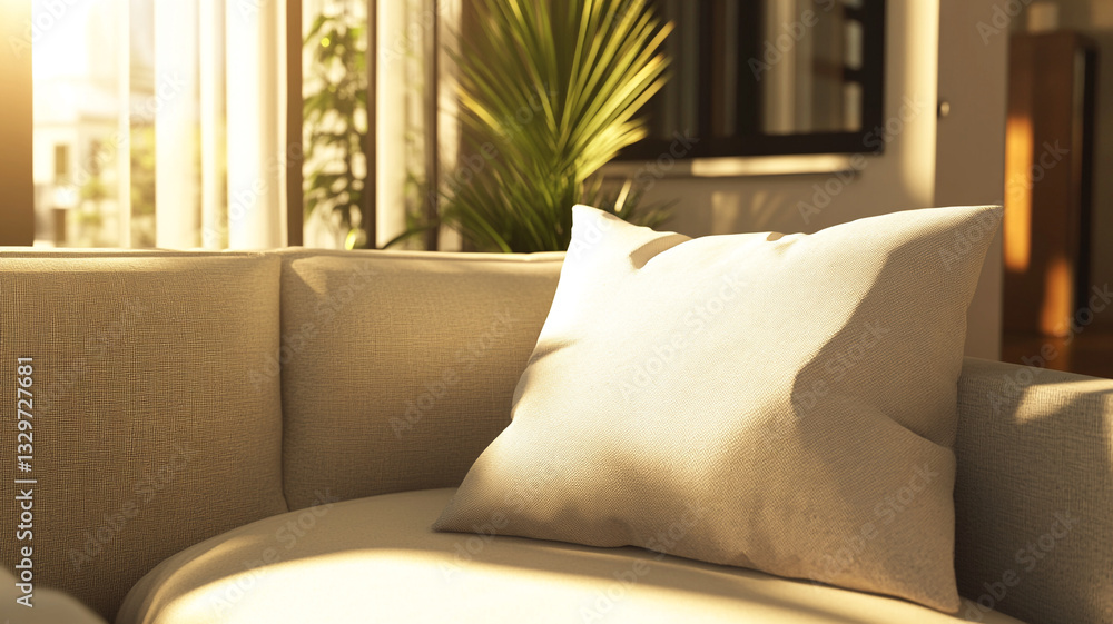 Beige pillow on a sofa in a modern living room with sunlight. Beige pillow on a sofa in a modern living room with sunlight.
