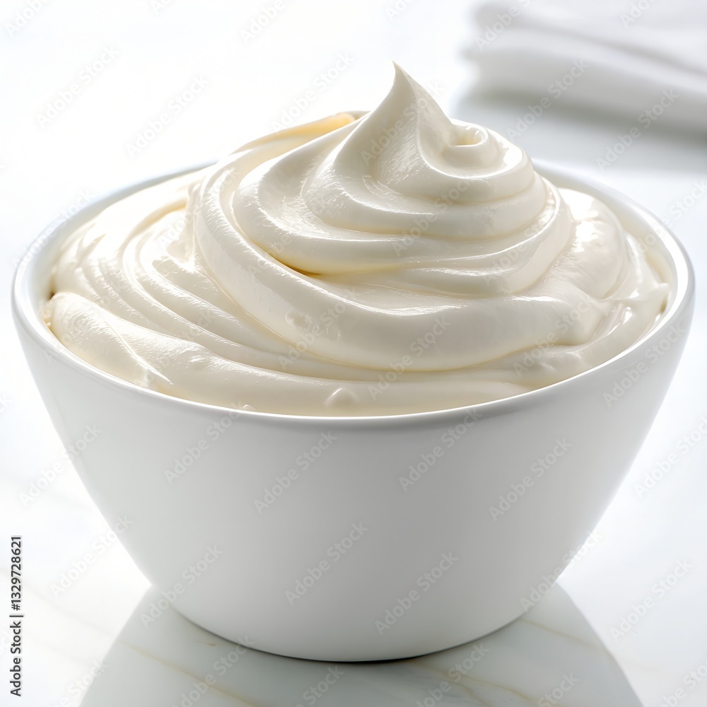 Creamy Swirls Of Whipped Cream In A Pristine White Bowl, A Delightful Indulgence Ready To Be Savored, Soft Light Enhances Its Texture Creamy Swirls Of Whipped Cream In A Pristine White Bowl, A Delightful Indulgence Ready To Be Savored, Soft Light Enhances Its Texture