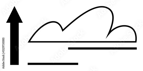 Black upward arrow next to minimalist cloud with horizontal lines. Ideal for growth, success, development, technology, nature, innovation, simplicity. Flat simple metaphor