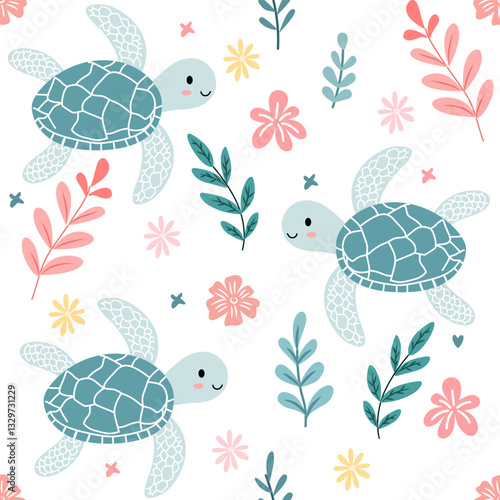 Seamless pattern of sea turtle and flowers in a cute vintage style.