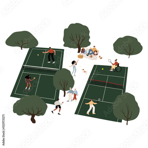illustration of sports complex with multiple courts, diverse people playing tennis and pickleball, running, roller-skating with dog, walking and having a picnic. Active lifestyle concept. Flat vector