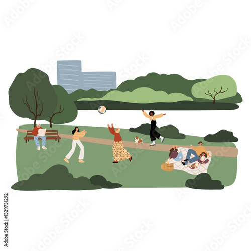 riverside park with people playing catch, sitting on benches, roller-skating, and relaxing on picnic blankets. Active outdoor scene. Nature and leisure theme. Flat vector illustration.
