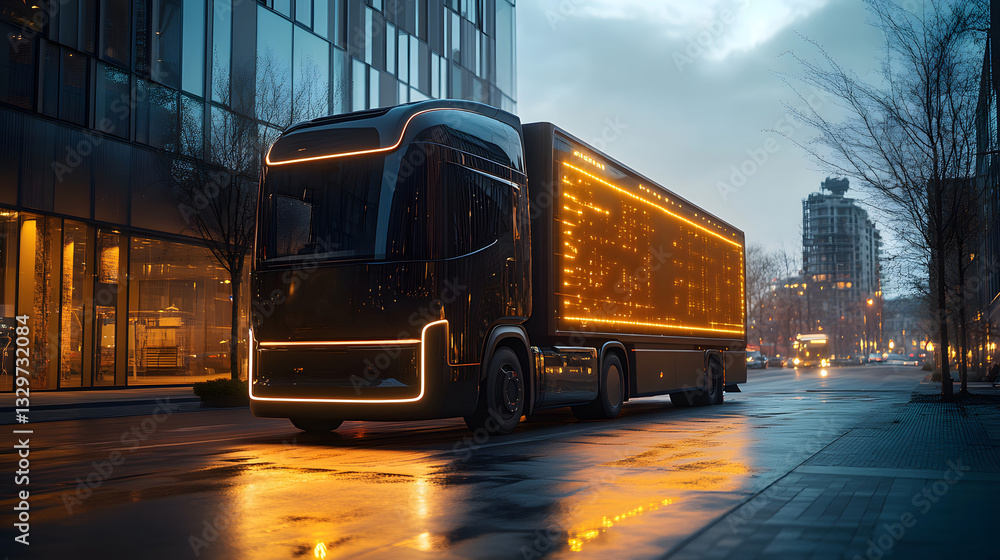 Obraz premium Electric delivery trucks utilizing AI route planning for efficient urban transport