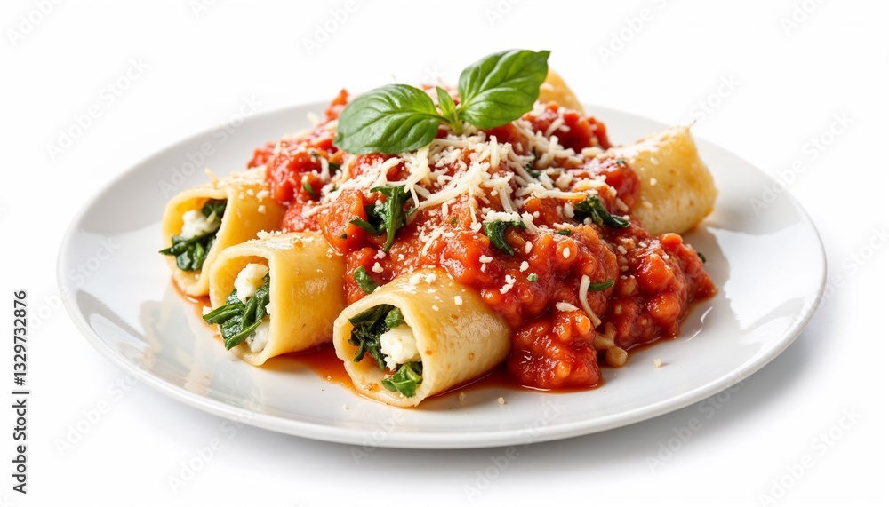 stuffed cannelloni pasta with ricotta and spinach, topped with rich tomato sauce, parmesan cheese, and fresh basil, classic italian dish, gourmet homemade meal on a white plate stuffed cannelloni pasta with ricotta and spinach, topped with rich tomato sauce, parmesan cheese, and fresh basil, classic italian dish, gourmet homemade meal on a white plate