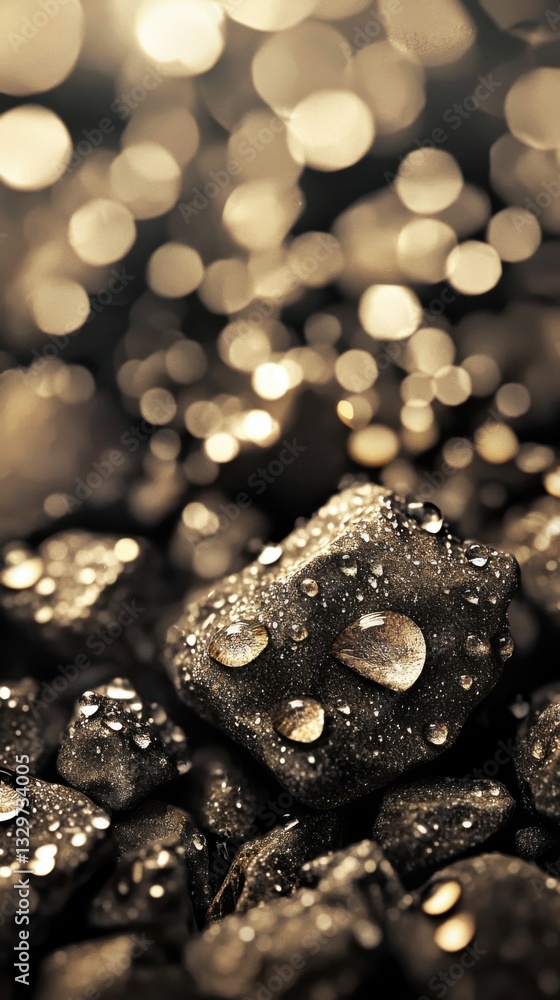 Close-up of water droplets collecting on a smooth black surface reflecting light creatively Close-up of water droplets collecting on a smooth black surface reflecting light creatively