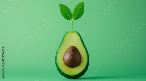 Avocado pit germinating is healthy, vibrant and fresh with small shoot growing