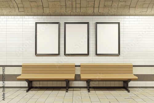 Subway Station Mockup Three Blank Posters Above Wooden Benches
