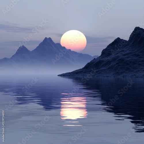 Peaceful Sunset Over Calm Water With Hazy Mountains
