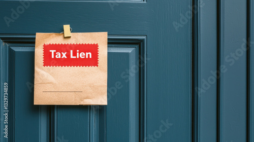 Tax Lien and Property Ownership Concept, Tax lien notice on door, indicating financial issues and urgency