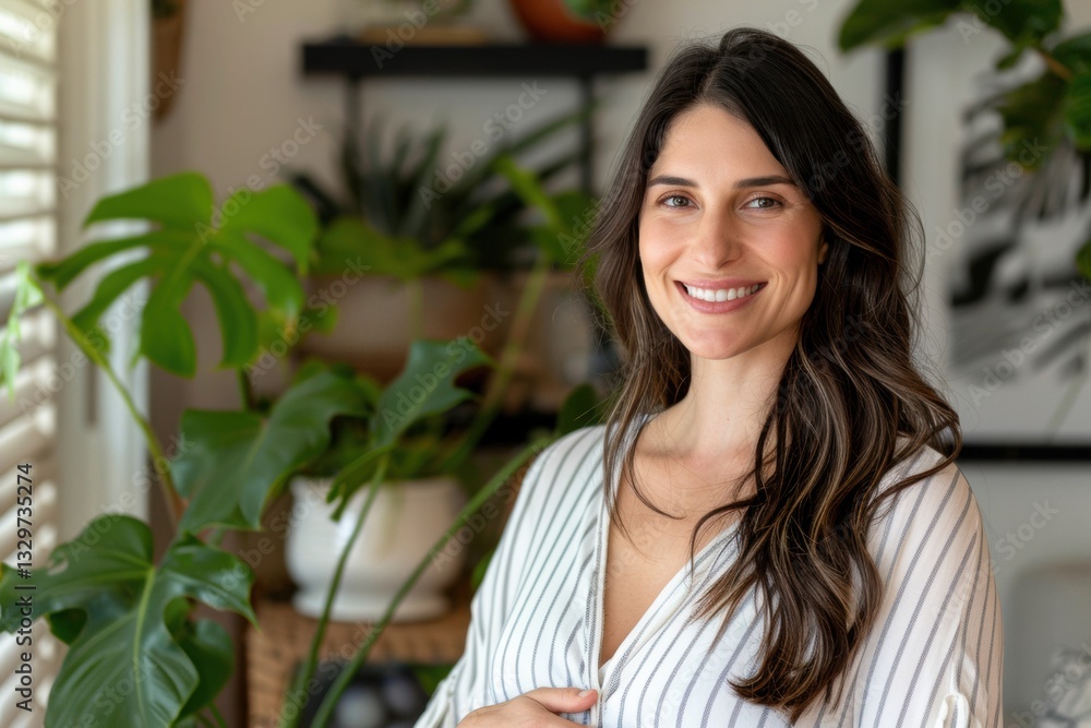 Woman is smiling and posing for a picture in front of a plant Woman is smiling and posing for a picture in front of a plant