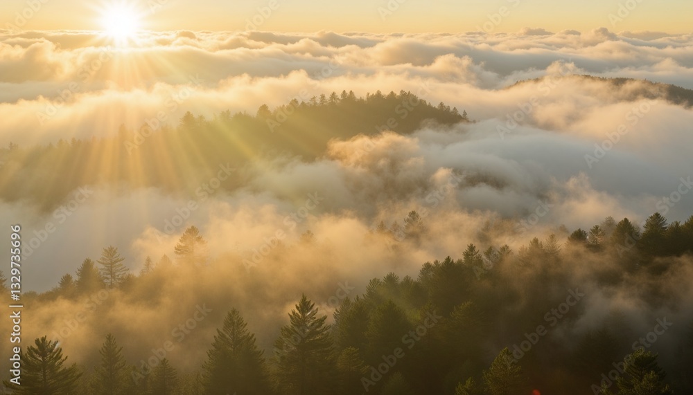 Naklejka premium Golden sunrise over misty forested mountains with clouds and sun rays.