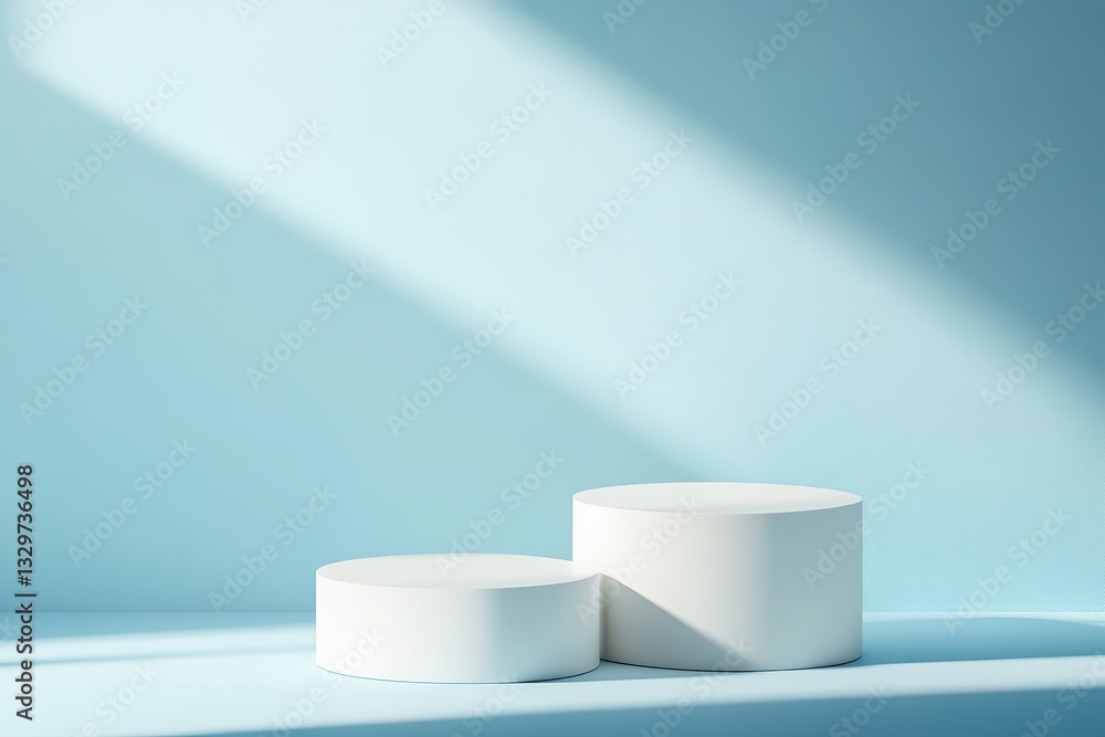 Minimalist White Cylindrical Display Podiums on Light Blue Background Minimalist White Cylindrical Display Podiums on Light Blue Background