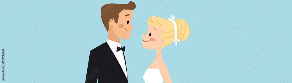 Bridegroom and bride facing each other, pastel background, wedding invitation Bridegroom and bride facing each other, pastel background, wedding invitation