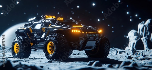 Futuristic lunar vehicle on moon surface with glowing lights and rugged design photo