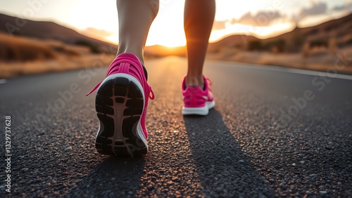 Embracing The Sunset Glow, A Runners Determined Stride On A Quiet Road, Pink Sneakers And Warm Golden Light