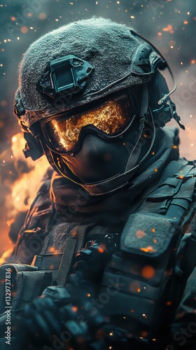 Soldier with helmet and goggles stands amidst smoke and fire at an undisclosed location and time
