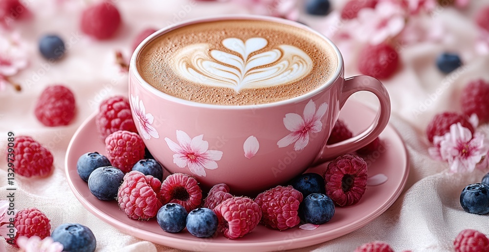 Pink cup of cappuccino with latte art, surrounded by fresh raspberries and blueberries on a pink saucer and light background Pink cup of cappuccino with latte art, surrounded by fresh raspberries and blueberries on a pink saucer and light background