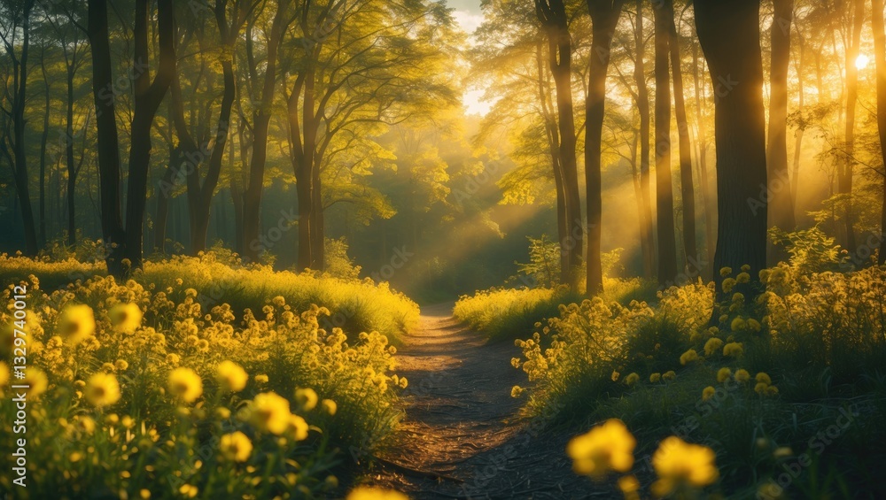 Obraz premium Sunny forest at dawn.