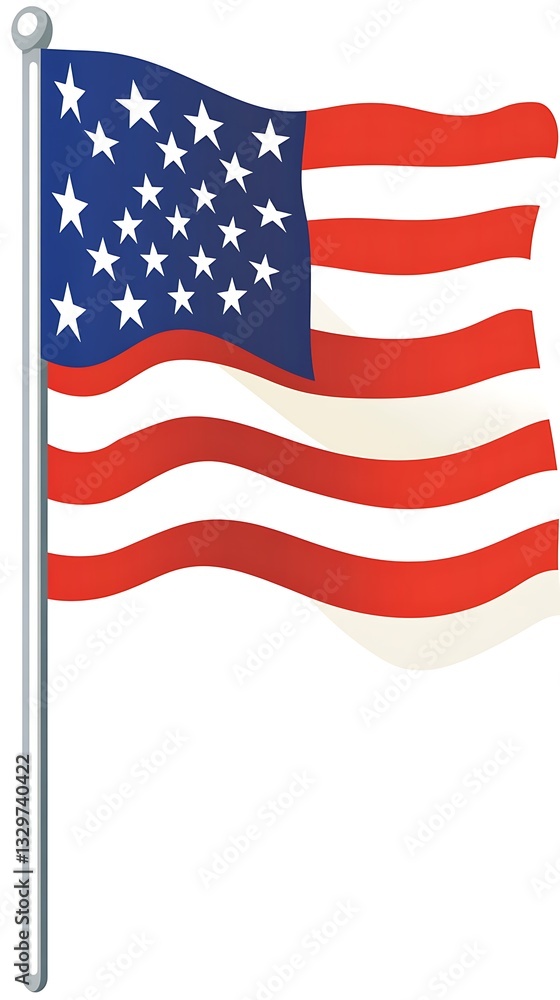 Fototapeta premium US flag flying on a pole, waving in white background