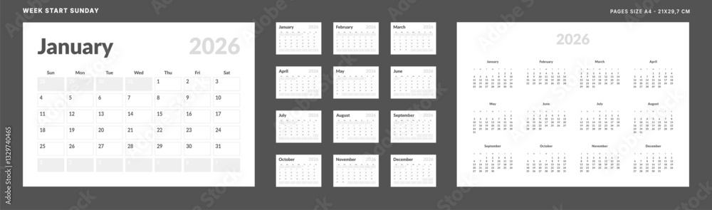 2026 Calendar Planner Set of Template Monthly Page, Annual. Vector layout grid of wall or desk calendar with week start Sunday in in monochrome color. Page A4-21x29.7 cm for print 2026 Calendar Planner Set of Template Monthly Page, Annual. Vector layout grid of wall or desk calendar with week start Sunday in in monochrome color. Page A4-21x29.7 cm for print