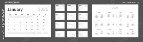 2026 Calendar Planner Set of Template Monthly Page, Annual. Vector layout grid of wall or desk calendar with week start Sunday in in monochrome color. Page A4-21x29.7 cm for print