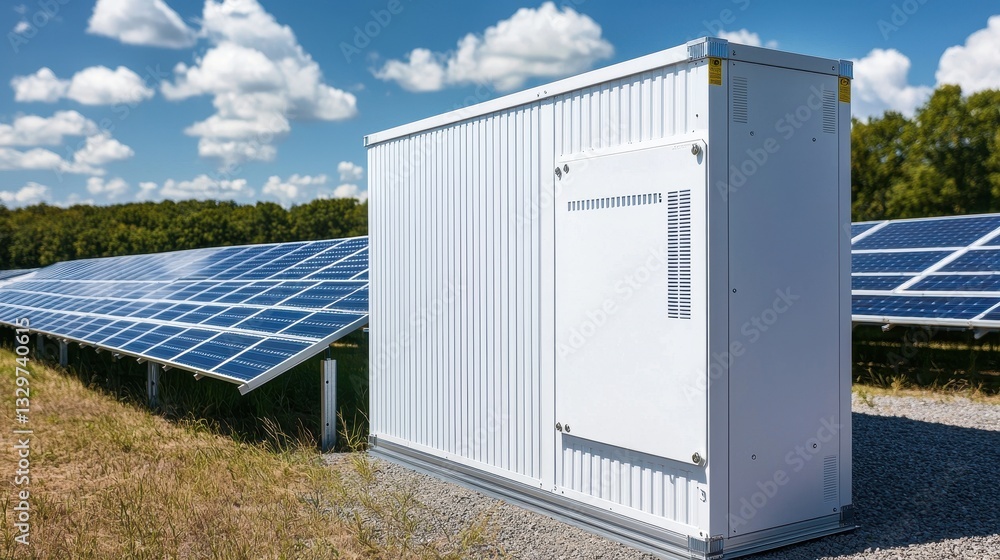 Fototapeta premium A solar power facility featuring solar panels and an energy storage unit against a clear blue sky.