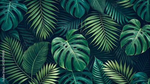 Lush Tropical Paradise A Vibrant Tapestry Of Monstera And Palm Leaves, Showcasing Rich, Deep Greens In A Dense, Exotic Arrangement