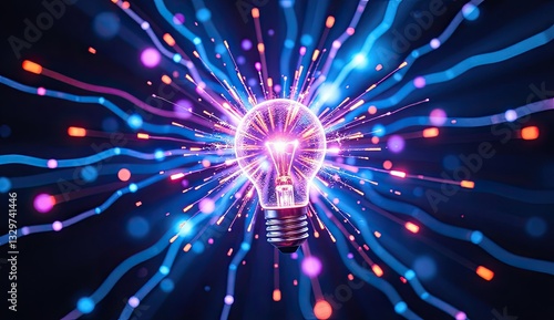 A glowing lightbulb at the center of a dynamic burst of colorful light trails, symbolizing ideas, innovation, and creative energy.