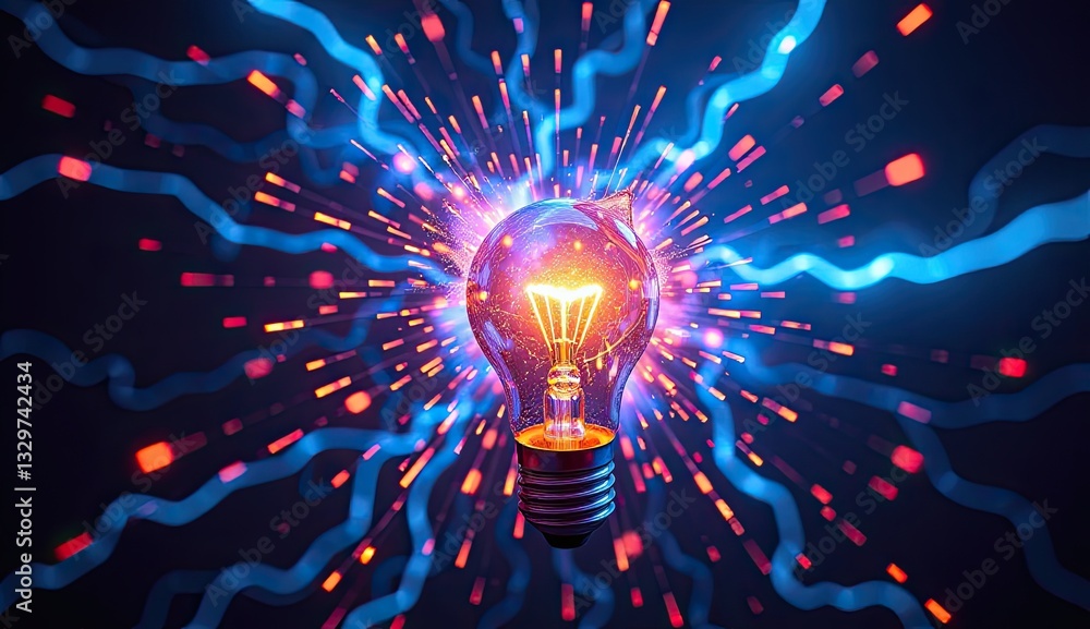 A glowing lightbulb at the center of a dynamic burst of colorful light trails, symbolizing ideas, innovation, and creative energy. A glowing lightbulb at the center of a dynamic burst of colorful light trails, symbolizing ideas, innovation, and creative energy.