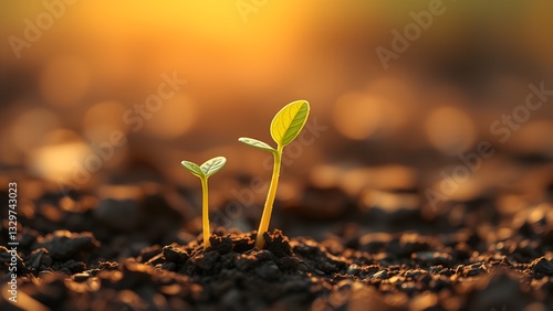 Tiny Seedlings Reaching For The Golden Sunset Light, Symbolizing Hope, Growth, And New Beginnings In A Rich Dark Soil