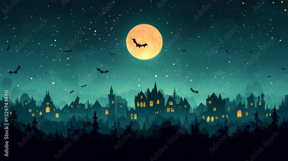 Naklejka premium Halloween Night Village with Bats and Full Moon