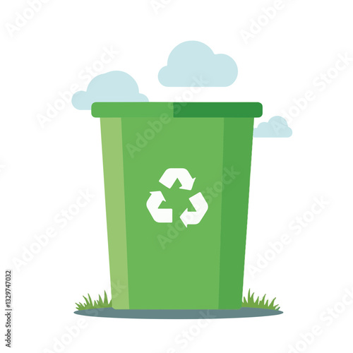 Green recycling bin on flat surface under clear sky, environmental conservation
