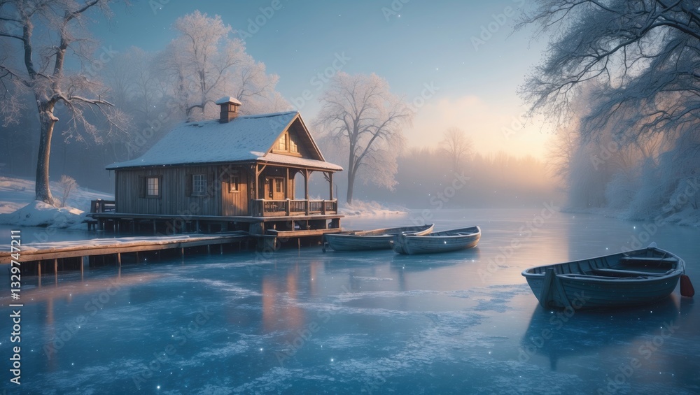 Fototapeta premium Stunning blue hour image of a boathouse on a crystal clear winter morning.