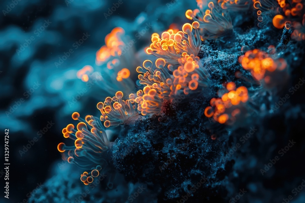 Naklejka premium Vibrant orange polyps illuminate a dark underwater rock, creating a mesmerizing scene of marine life.