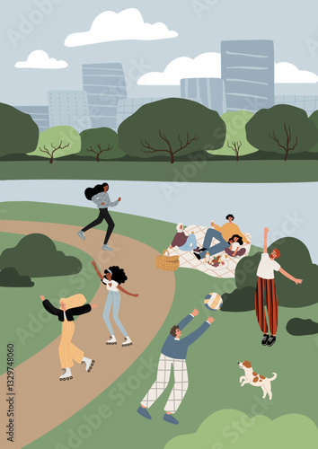 Illustration of lively park with people jogging, walking dogs, playing and relaxing. Scenic background with trees, pathways, and an urban skyline. Community outdoor activity. Flat vector illustration.