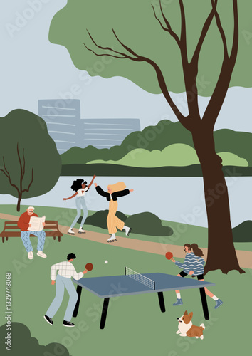 Flat vector illustration of a park by a lake with people playing table tennis, walking, and enjoying the view. A peaceful nature scene with outdoor activities, trees, and a riverside setting.
