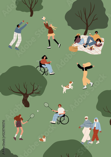 Illustration of a people playing, walking dogs, and relaxing in a green park. A lively outdoor scene with diverse activities, trees, and nature. Flat vector illustration.