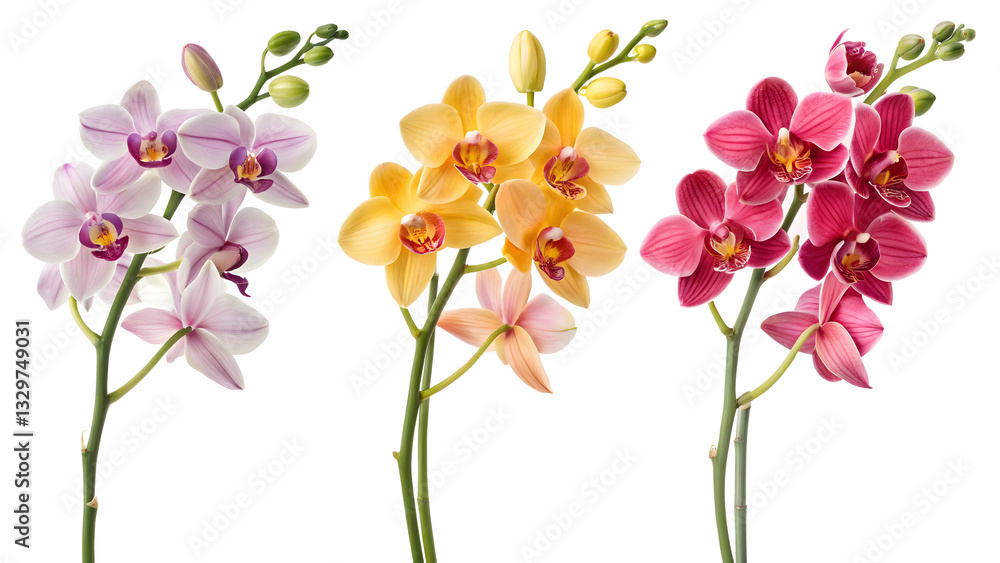 Fototapeta premium set of orchid bouquets with different colors flowers, on white background