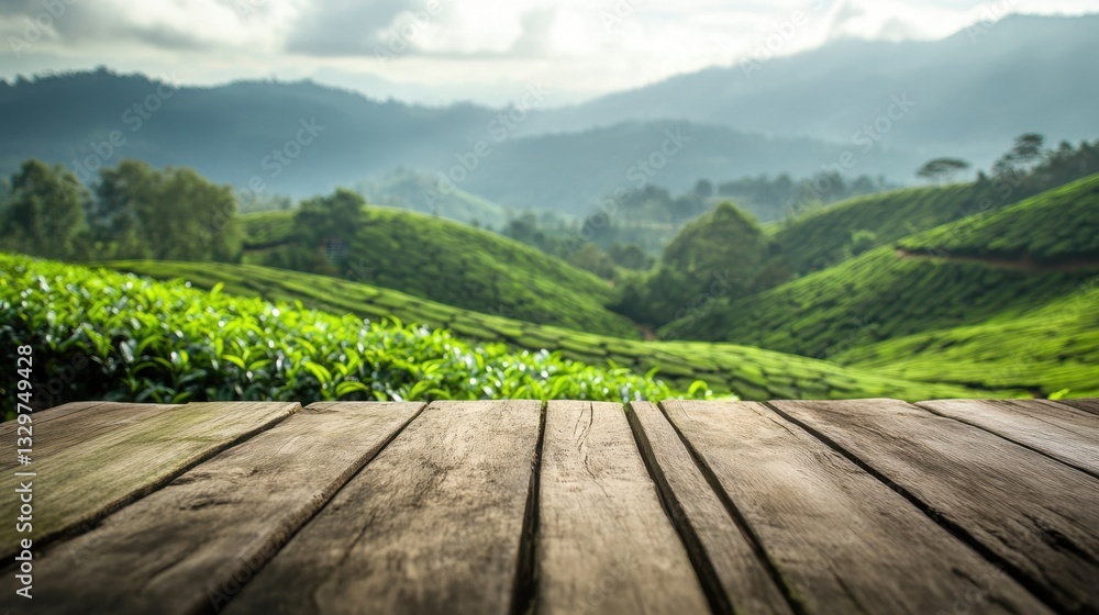 Naklejka premium Wooden table overlooking a beautiful green tea plantation in the mountains
