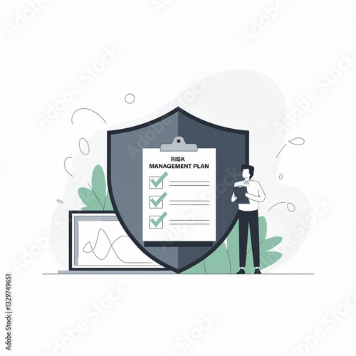 Minimalistic Risk Management Plan Vector Illustration with Shield and Checklist