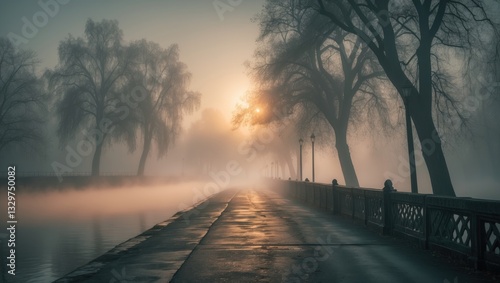 The morning sun appeared and lit up the scene, crossing over the bridge and boulevard. photo