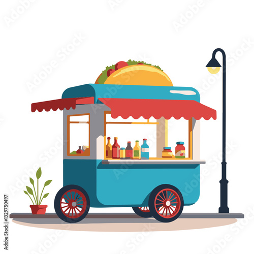 Colorful taco cart illustration in urban setting, street food delight