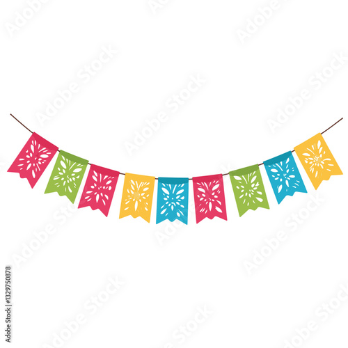Colorful papel picado banners hanging in a row, festive celebration